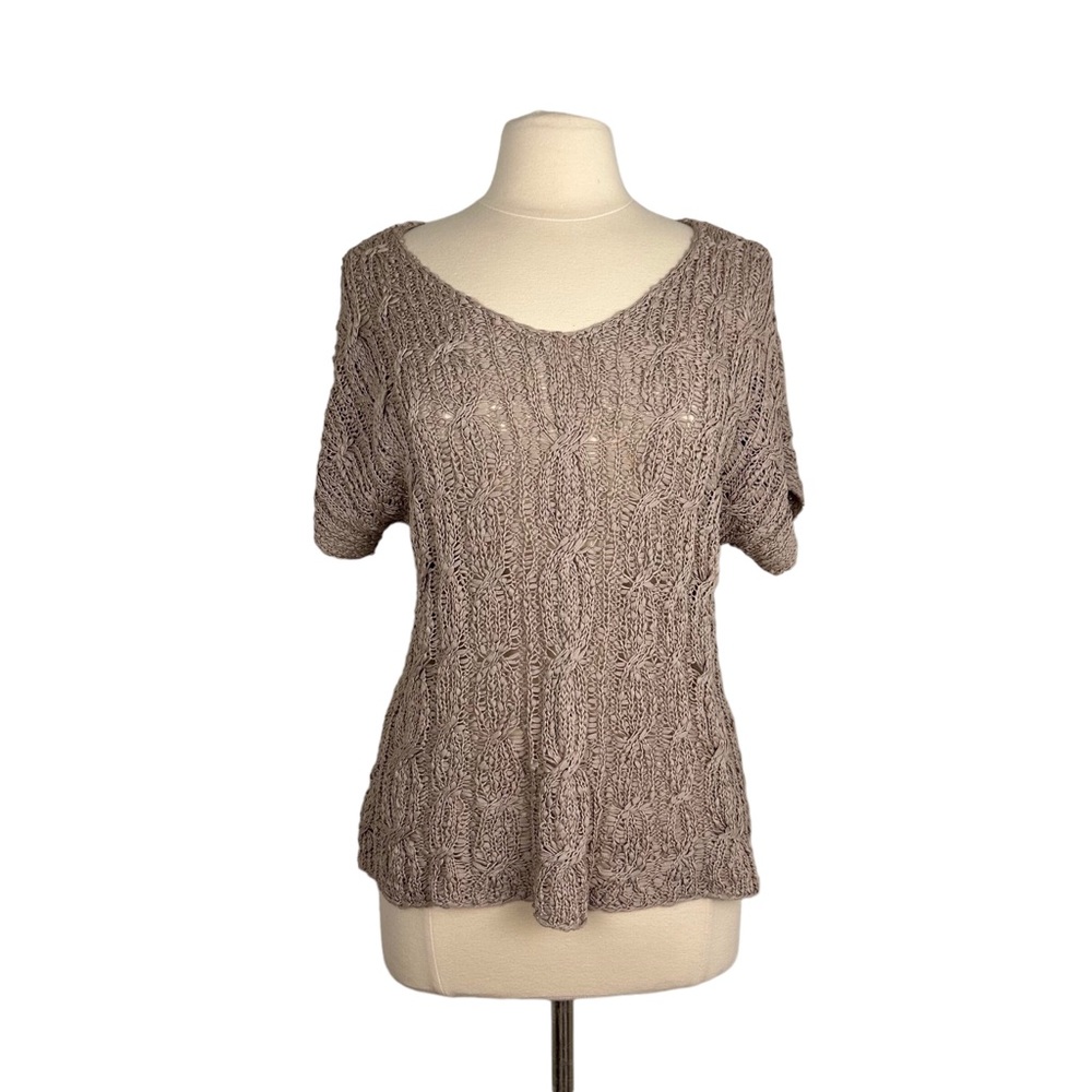 Eileen Fisher Taupe Open-Weave Cotton Cable Knit Pullover Sweater Sz L